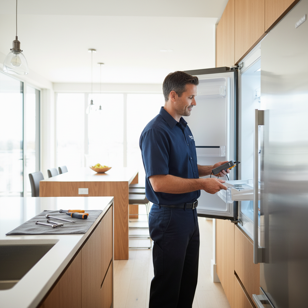 Appliance technician inspecting a built-in refrigerator